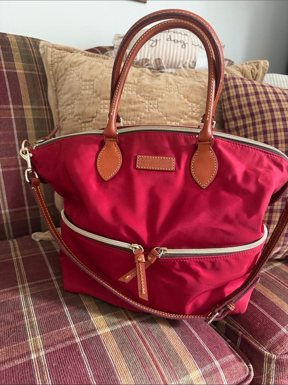 Dooney & Bourke Bright Red Nylon Tote with Tan Leather Trim